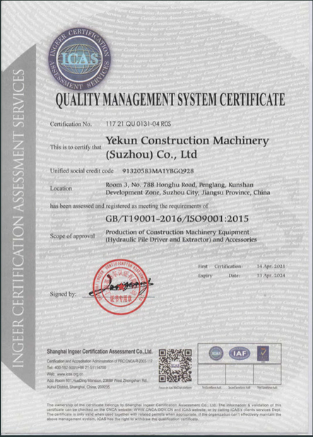 China Shanghai Yekun Construction Machinery Co., Ltd. certificaciones